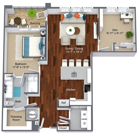 Floor plan for 2 beds, 1 bath, 963 sqft